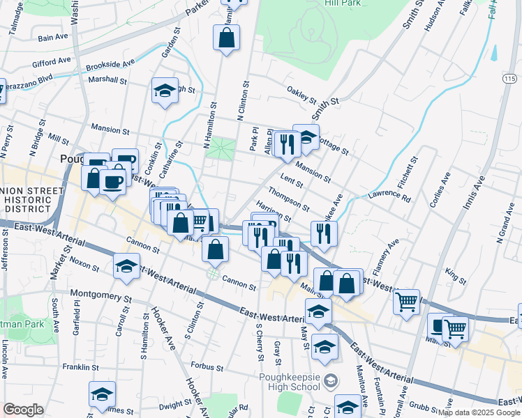 map of restaurants, bars, coffee shops, grocery stores, and more near 14 Grant Street in Poughkeepsie
