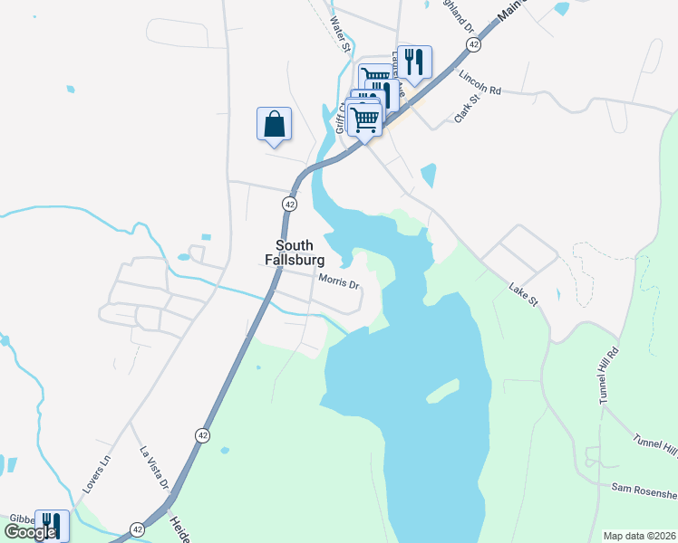 map of restaurants, bars, coffee shops, grocery stores, and more near 18 Morris Drive in South Fallsburg