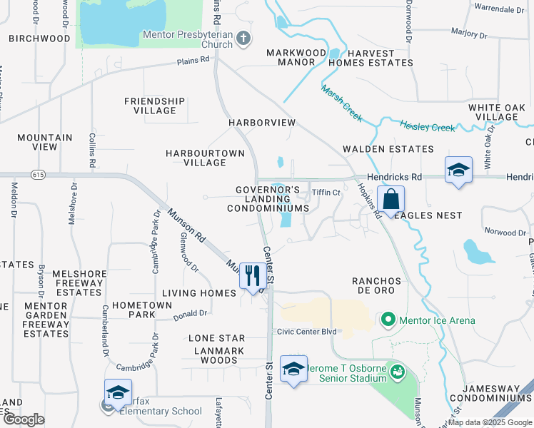 map of restaurants, bars, coffee shops, grocery stores, and more near 6171 Center Street in Mentor