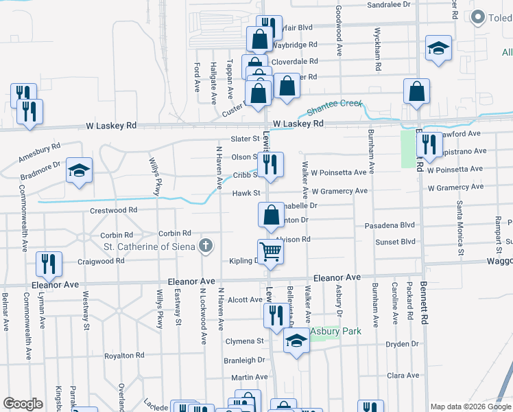 map of restaurants, bars, coffee shops, grocery stores, and more near 4645 Lewis Avenue in Toledo
