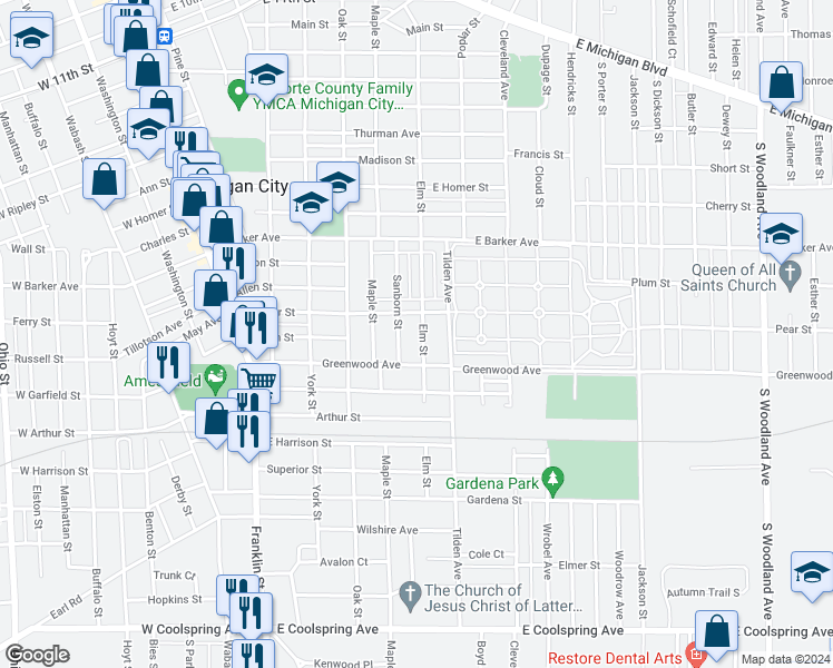 map of restaurants, bars, coffee shops, grocery stores, and more near 1024 Elm Street in Michigan City