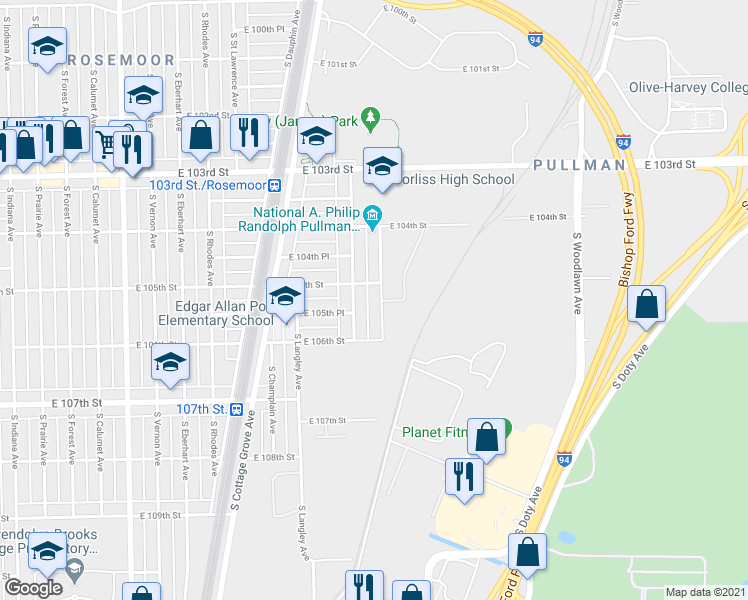 map of restaurants, bars, coffee shops, grocery stores, and more near 10524 South Maryland Avenue in Chicago