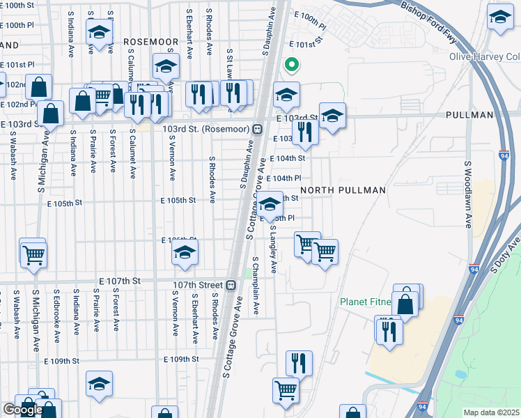 map of restaurants, bars, coffee shops, grocery stores, and more near 10525 South Cottage Grove Avenue in Chicago