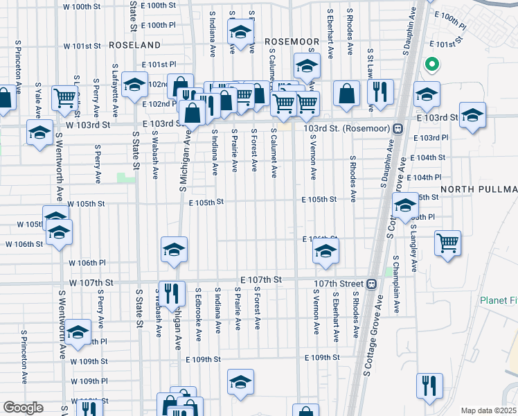 map of restaurants, bars, coffee shops, grocery stores, and more near 10518 South Forest Avenue in Chicago