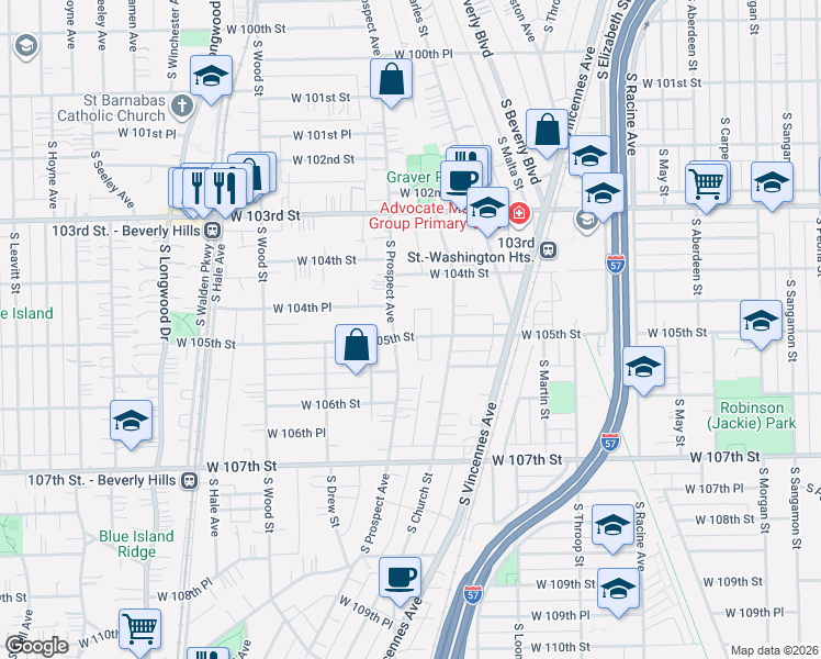 map of restaurants, bars, coffee shops, grocery stores, and more near 10501 South Prospect Avenue in Chicago