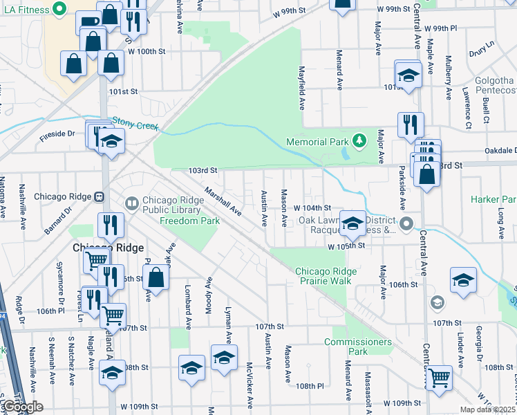 map of restaurants, bars, coffee shops, grocery stores, and more near 10401 Austin Avenue in Oak Lawn