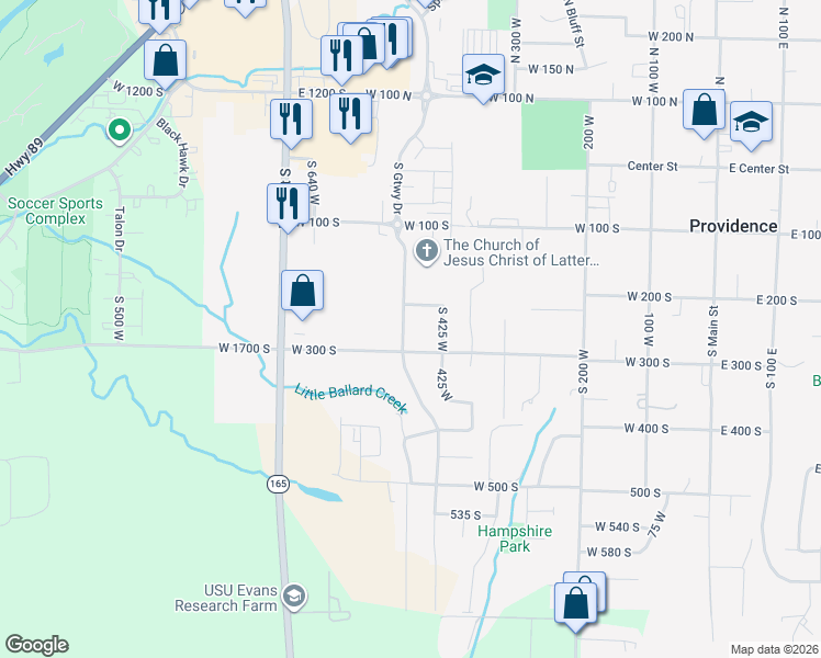 map of restaurants, bars, coffee shops, grocery stores, and more near 262 South 485 West in Providence