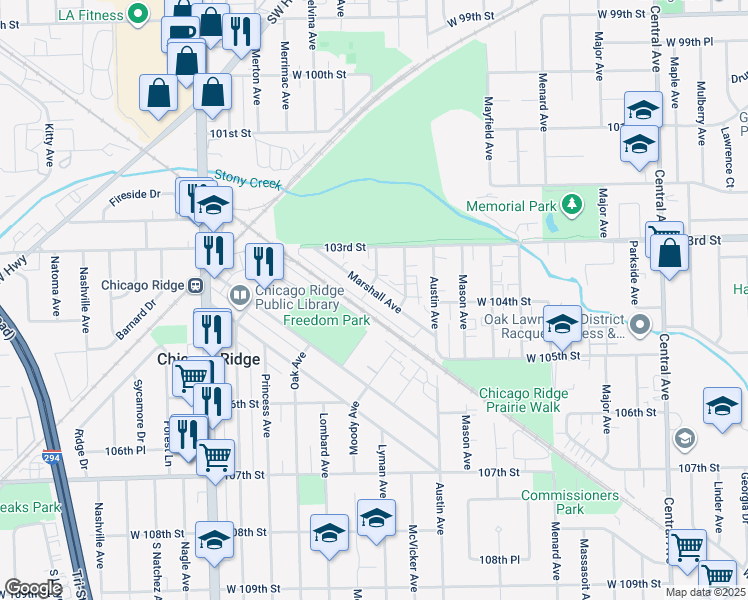 map of restaurants, bars, coffee shops, grocery stores, and more near 6047 Marshall Avenue in Chicago Ridge