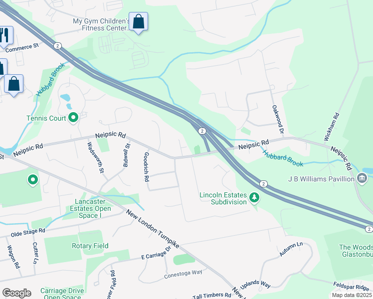 map of restaurants, bars, coffee shops, grocery stores, and more near 343 Neipsic Road in Glastonbury