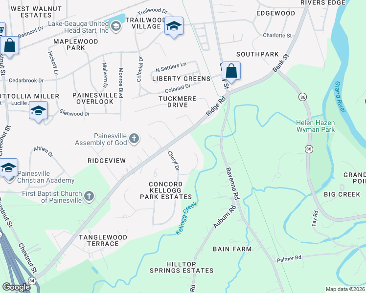 map of restaurants, bars, coffee shops, grocery stores, and more near 6147 Cheryl Drive in Painesville