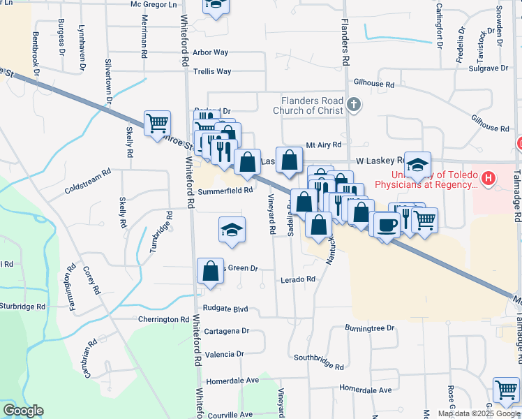 map of restaurants, bars, coffee shops, grocery stores, and more near 4805 Vineyard Road in Toledo