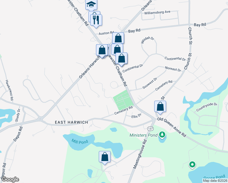 map of restaurants, bars, coffee shops, grocery stores, and more near 15 Johannas Path in Harwich
