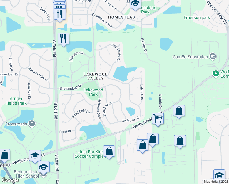 map of restaurants, bars, coffee shops, grocery stores, and more near 2735 Olympic Court in Aurora