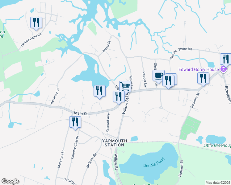 map of restaurants, bars, coffee shops, grocery stores, and more near 1 Mill Lane in Yarmouth