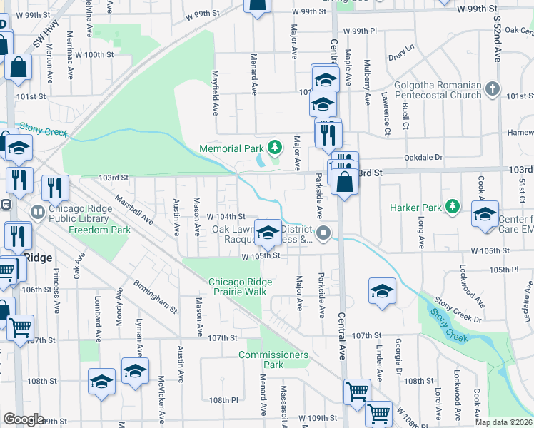 map of restaurants, bars, coffee shops, grocery stores, and more near 10333 Menard Avenue in Oak Lawn