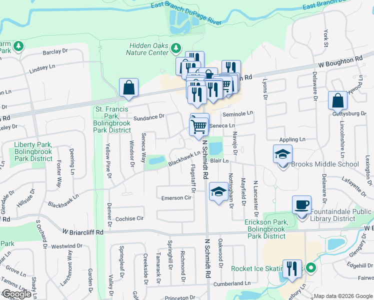 map of restaurants, bars, coffee shops, grocery stores, and more near in Bolingbrook