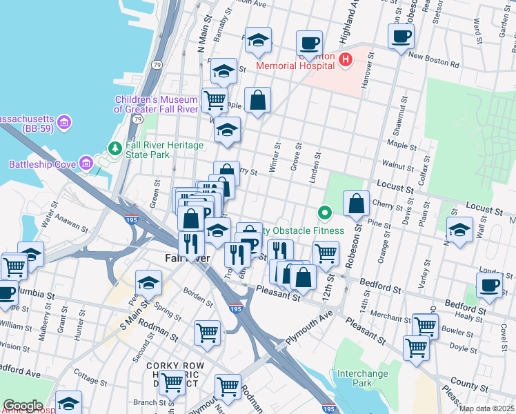 map of restaurants, bars, coffee shops, grocery stores, and more near 40 Winter Street in Fall River