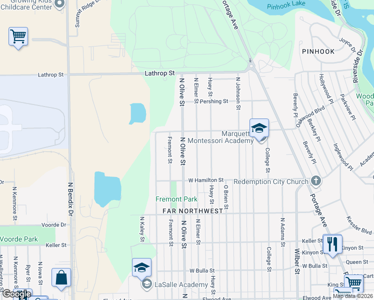 map of restaurants, bars, coffee shops, grocery stores, and more near 2021 North Elmer Street in South Bend