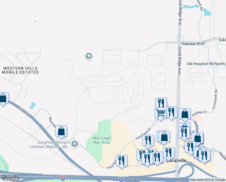 map of restaurants, bars, coffee shops, grocery stores, and more near 2880 Coral Court in Coralville