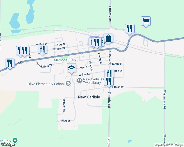 map of restaurants, bars, coffee shops, grocery stores, and more near 400 South Filbert Street in New Carlisle