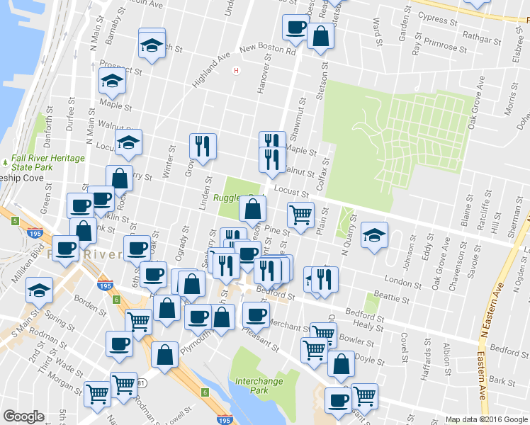 map of restaurants, bars, coffee shops, grocery stores, and more near 235 Tremont Street in Fall River