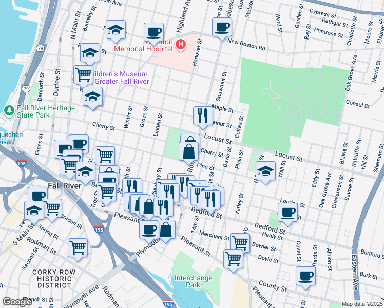map of restaurants, bars, coffee shops, grocery stores, and more near 786 Pine Street in Fall River