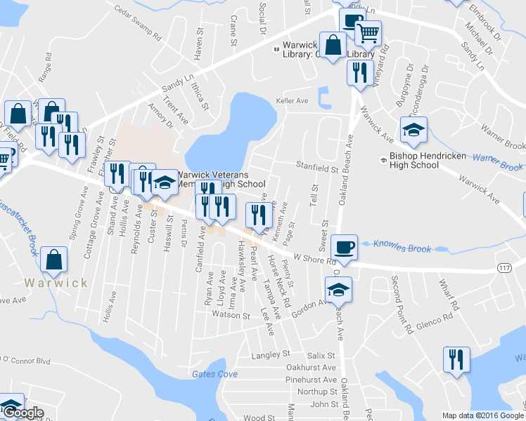 map of restaurants, bars, coffee shops, grocery stores, and more near 86 Yates Avenue in Warwick