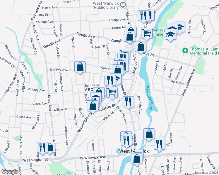map of restaurants, bars, coffee shops, grocery stores, and more near 87 Washington Street in West Warwick