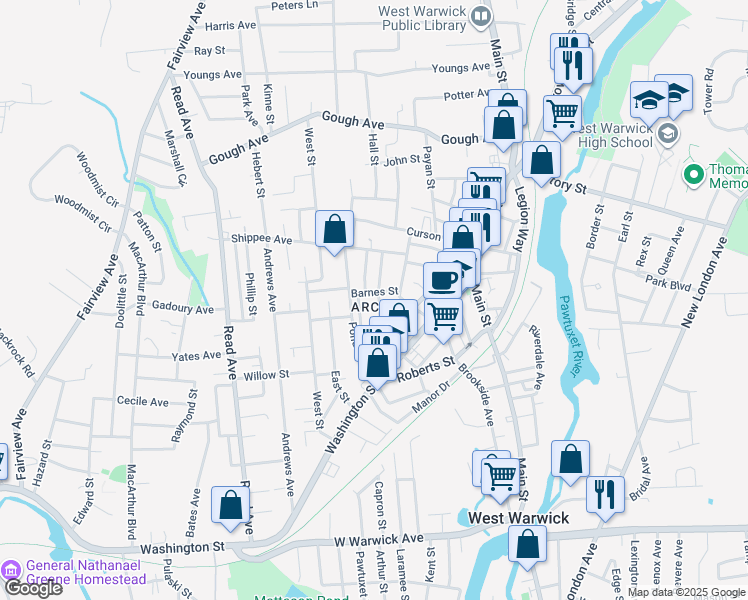 map of restaurants, bars, coffee shops, grocery stores, and more near 20 Granite Street in West Warwick