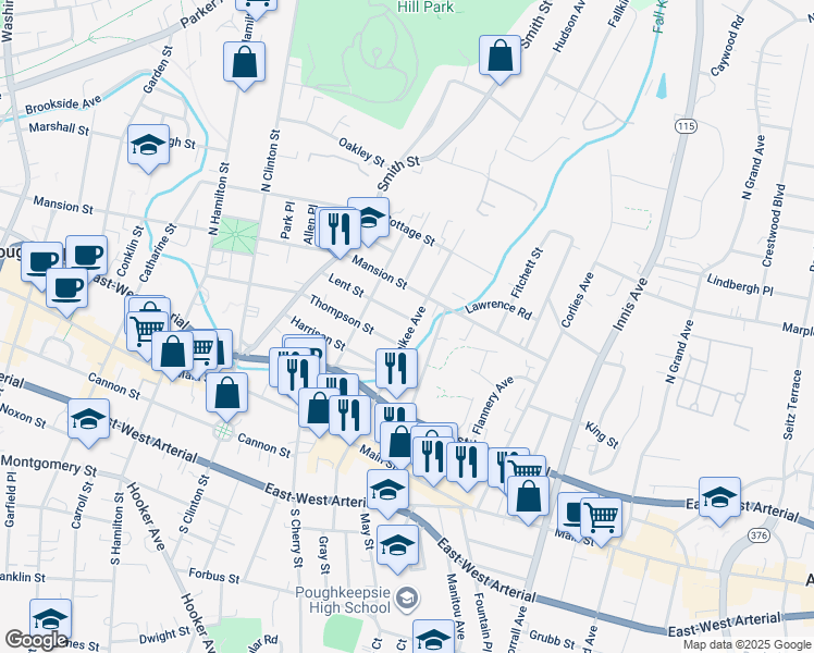 map of restaurants, bars, coffee shops, grocery stores, and more near 177 Thompson Street in Poughkeepsie