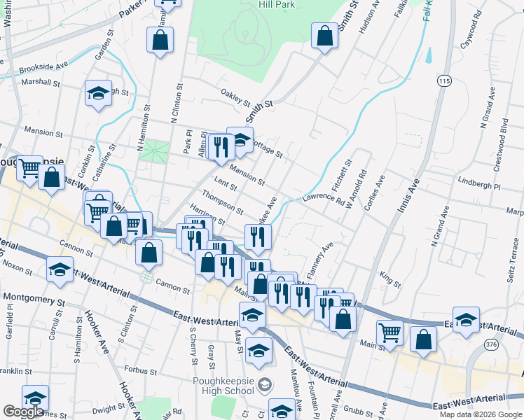 map of restaurants, bars, coffee shops, grocery stores, and more near 177 Thompson Street in Poughkeepsie