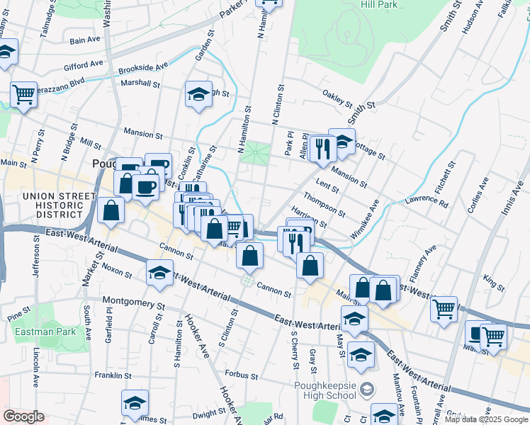 map of restaurants, bars, coffee shops, grocery stores, and more near in Poughkeepsie
