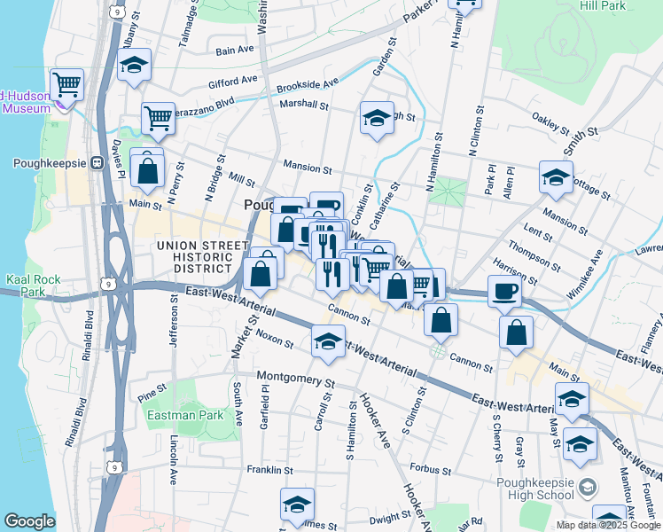 map of restaurants, bars, coffee shops, grocery stores, and more near 331 Main Mall in Poughkeepsie