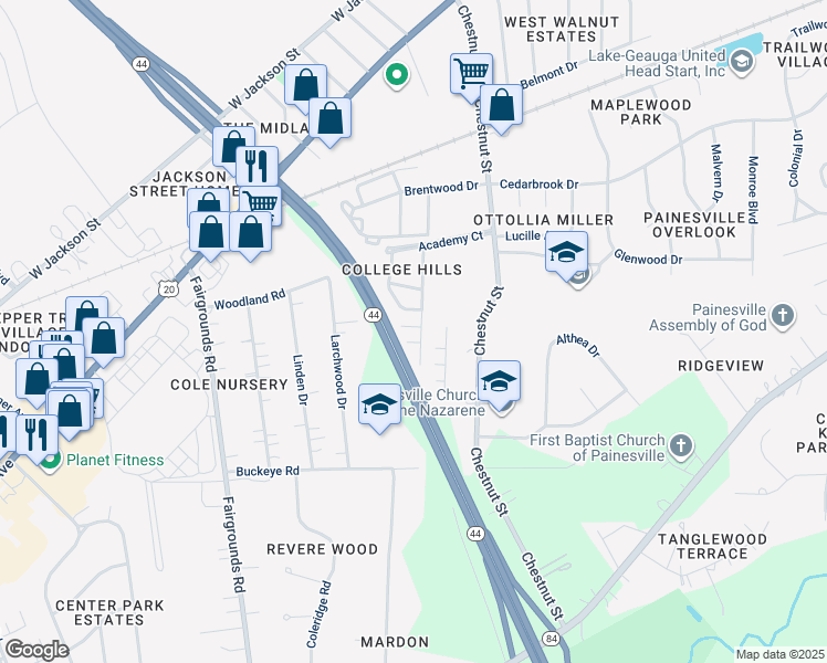 map of restaurants, bars, coffee shops, grocery stores, and more near 363 University Avenue in Painesville