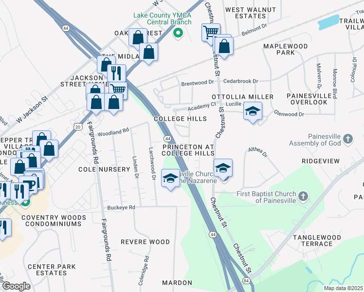 map of restaurants, bars, coffee shops, grocery stores, and more near 363 University Avenue in Painesville