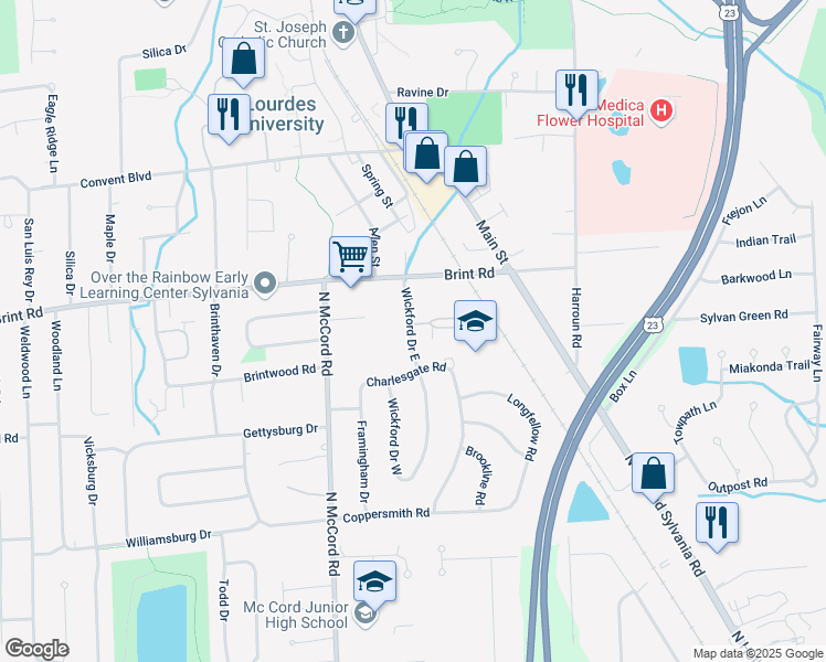 map of restaurants, bars, coffee shops, grocery stores, and more near 4830 Wickford Drive East in Sylvania