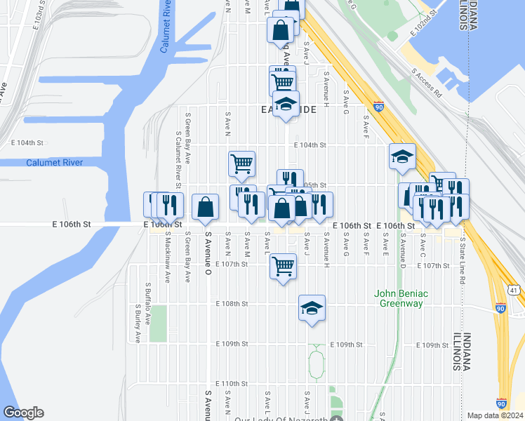 map of restaurants, bars, coffee shops, grocery stores, and more near 10558 South Avenue L in Chicago