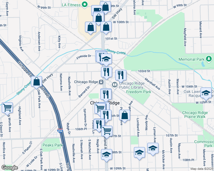 map of restaurants, bars, coffee shops, grocery stores, and more near 6348 Washington Street in Chicago Ridge