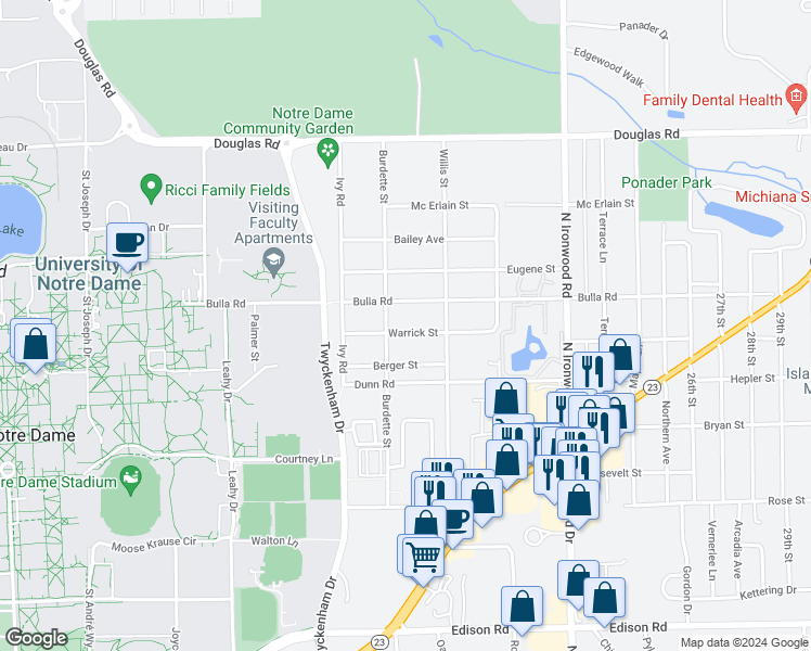 map of restaurants, bars, coffee shops, grocery stores, and more near 18311 Warrick Street in South Bend