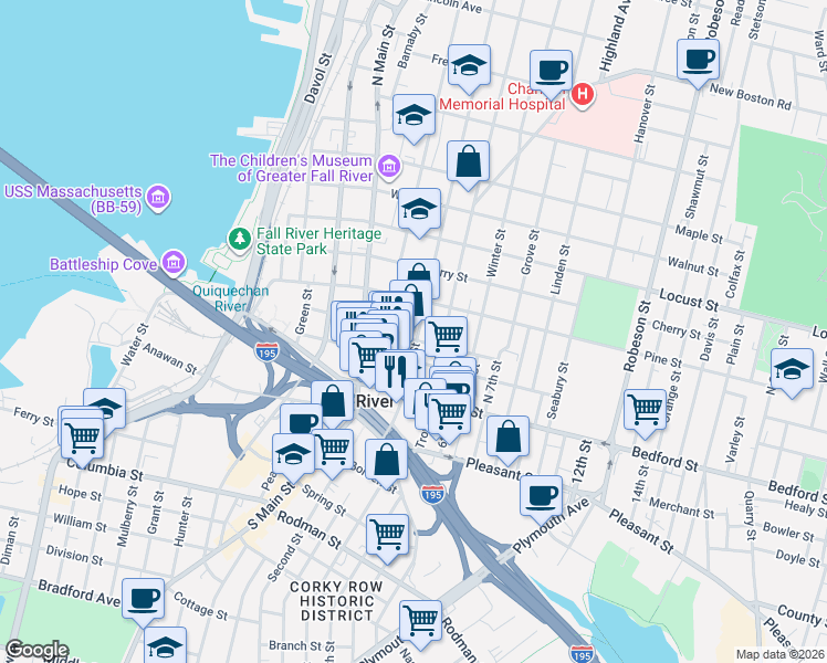 map of restaurants, bars, coffee shops, grocery stores, and more near 149 Franklin Street in Fall River