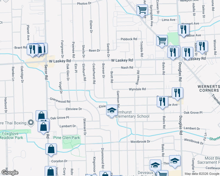 map of restaurants, bars, coffee shops, grocery stores, and more near 2921 Wyndale Road in Toledo