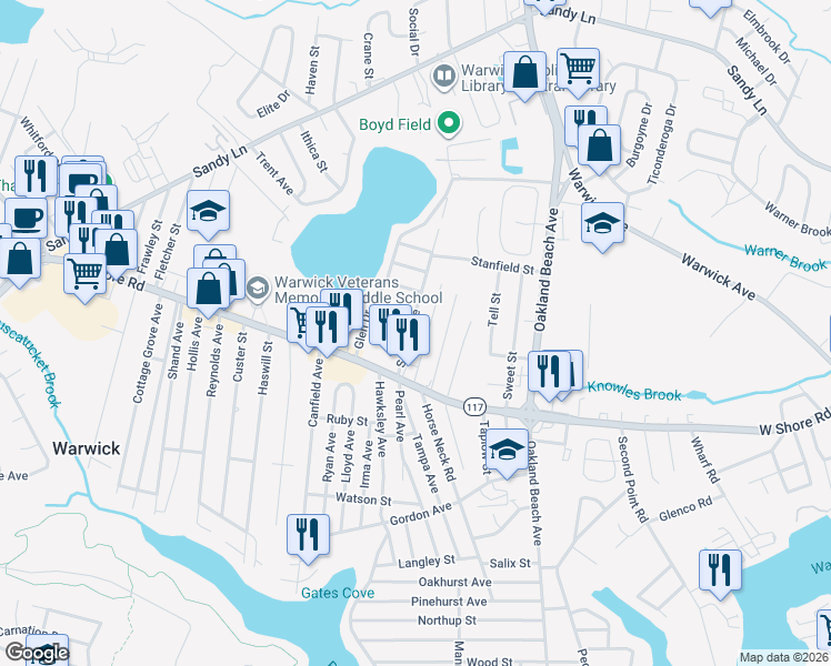 map of restaurants, bars, coffee shops, grocery stores, and more near 204 Sefton Avenue in Warwick