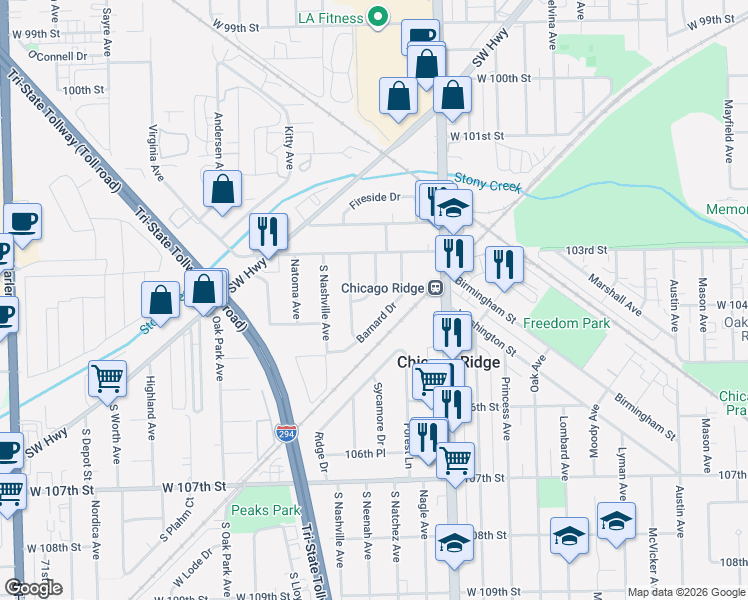 map of restaurants, bars, coffee shops, grocery stores, and more near 10405 Leslie Lane in Chicago Ridge