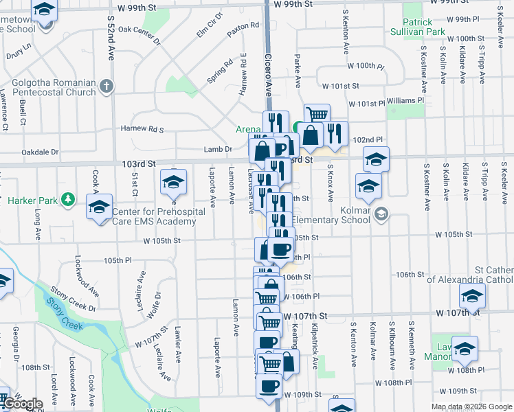 map of restaurants, bars, coffee shops, grocery stores, and more near 10425 Lacrosse Avenue in Oak Lawn