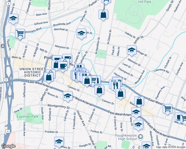 map of restaurants, bars, coffee shops, grocery stores, and more near 369 Mill Street in Poughkeepsie