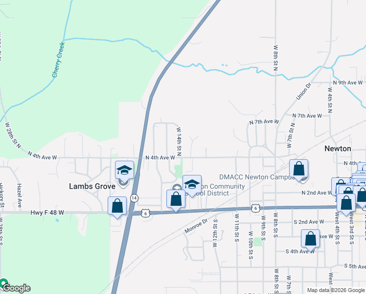 map of restaurants, bars, coffee shops, grocery stores, and more near 1300 North 4th Avenue West in Newton