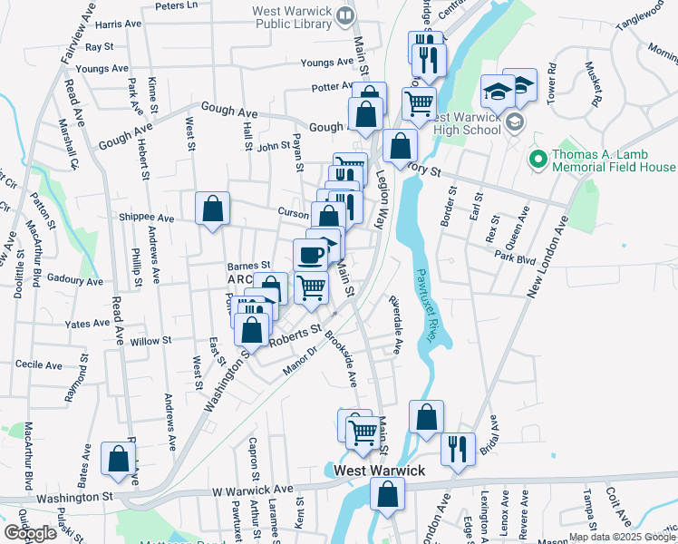 map of restaurants, bars, coffee shops, grocery stores, and more near 12 John Street in West Warwick