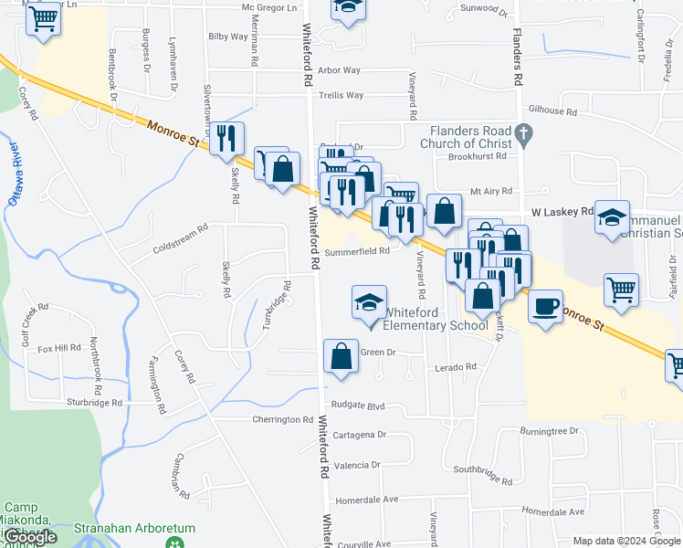 map of restaurants, bars, coffee shops, grocery stores, and more near 4828 Whiteford Road in Toledo