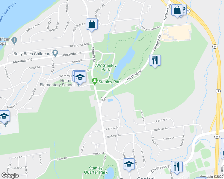 map of restaurants, bars, coffee shops, grocery stores, and more near 1 Hartford Road in New Britain