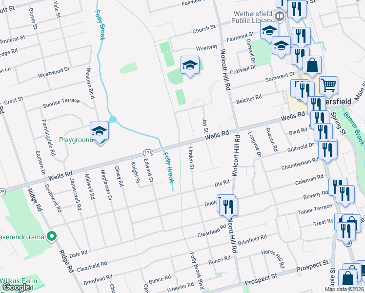 map of restaurants, bars, coffee shops, grocery stores, and more near 19 Linden Street in Wethersfield